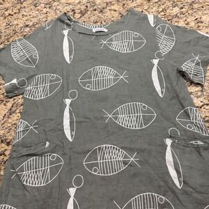 Transparente by Elena Wang Green Fish Print Linen Tunic Dress Sharkbite Hem L ws